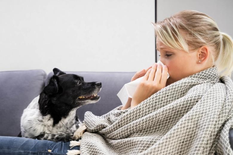 Flunssainen nainen kotisohvalla koiran kanssa.