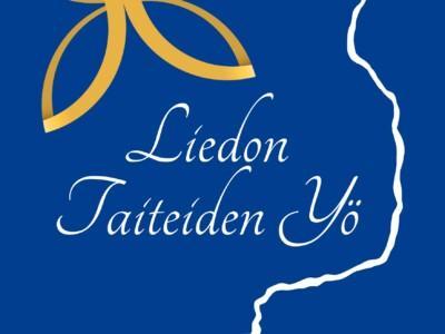 Liedon taiteiden yön logo sinisellä pohjalla.