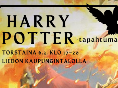 Kuvassa lukee: Harry Potter-tapahtuma torstaina 6.3. klo 17-20 Liedon kaupungintalolla.